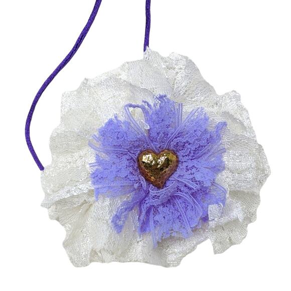 Cream Vintage Lace Choker Artisan Necklace Romantic Purple Gold Heart Adjustable - Picture 9 of 10